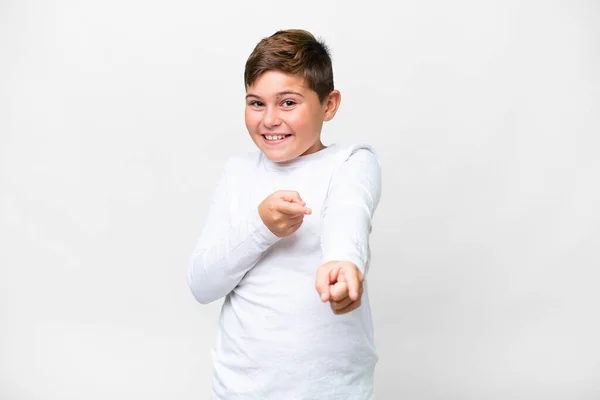 Petit Enfant Caucasien Sur Fond Blanc Isolé Surpris Pointant Devant — Photo