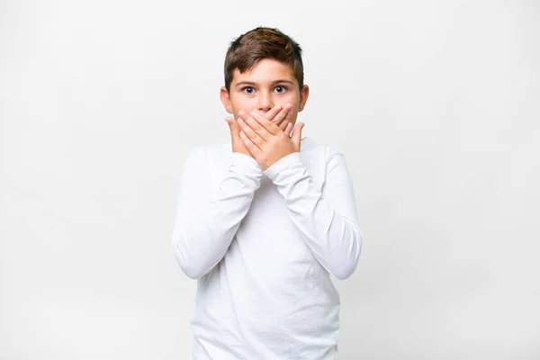 Zole Edilmiş Beyaz Arka Planda Küçük Beyaz Çocuk Elleriyle Ağzını — Stok fotoğraf