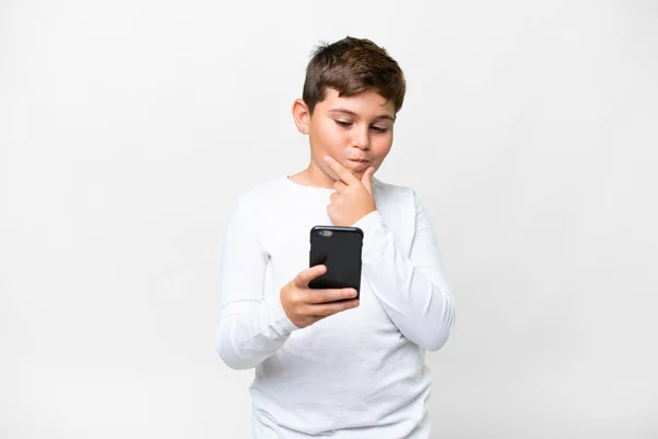 Little Caucasian Kid Isolated White Background Thinking Sending Message — Stock Photo, Image