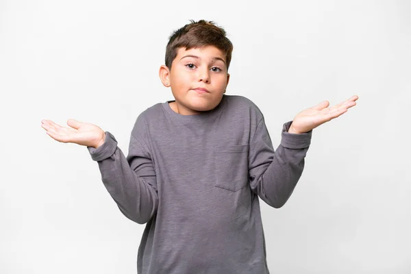Little Caucasian Kid Isolated White Background Having Doubts While Raising — Stock Photo, Image