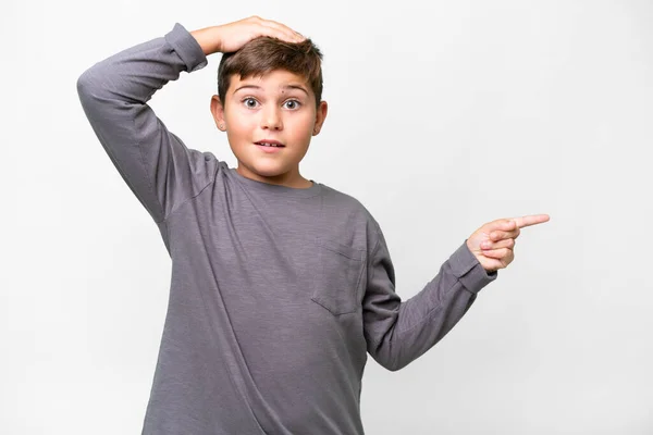 Little Caucasian Kid Isolated White Background Surprised Pointing Finger Side — Stock Photo, Image