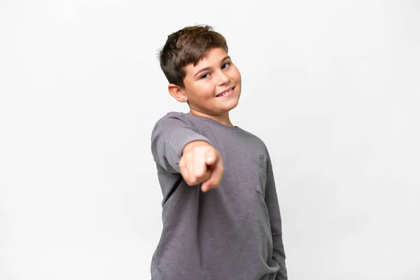 Petit Enfant Caucasien Sur Fond Blanc Isolé Pointant Devant Avec — Photo