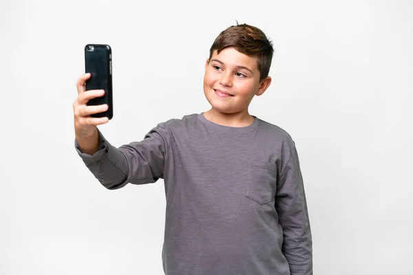 Little Caucasian Kid Isolated White Background Making Selfie — Stock Photo, Image