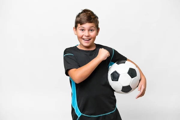 Klein Kaukasisch Voetbal Speler Kind Geïsoleerde Witte Achtergrond Vieren Van — Stockfoto