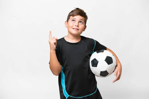 Klein Kaukasisch Football Speler Kind Geïsoleerde Witte Achtergrond Wijzend Een — Stockfoto