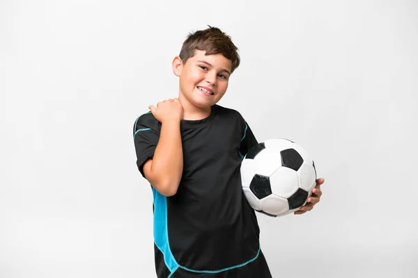 Klein Kaukasisch Voetbal Speler Kind Geïsoleerde Witte Achtergrond Lachen — Stockfoto
