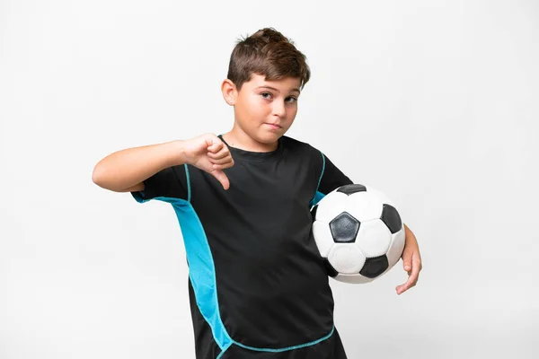Klein Kaukasisch Football Speler Kind Geïsoleerde Witte Achtergrond Tonen Duim — Stockfoto
