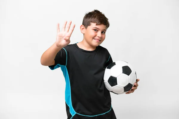 Klein Kaukasisch Voetbal Speler Kind Geïsoleerde Witte Achtergrond Gelukkig Tellen — Stockfoto