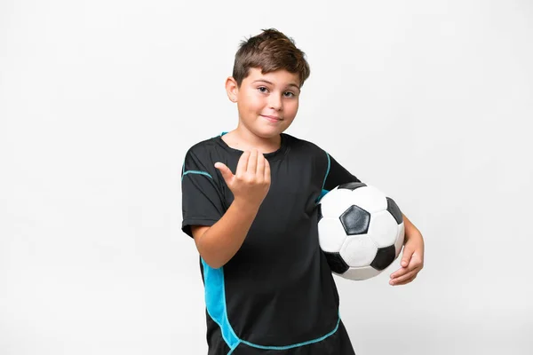 Kleine Blanke Football Speler Kind Geïsoleerde Witte Achtergrond Uitnodigen Komen — Stockfoto