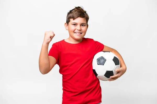 Liten Kaukasiskt Barn Över Isolerad Vit Bakgrund Med Fotboll Firar — Stockfoto