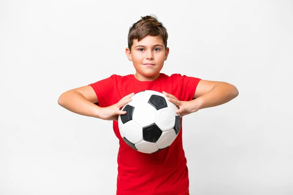 Petit Enfant Caucasien Sur Fond Blanc Isolé Avec Ballon Football — Photo