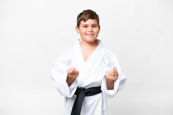 Malý Kavkazský Kluk Dělá Karate Přes Izolované Bílé Pozadí Dělat — Stock fotografie