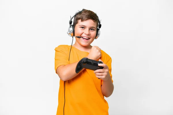 Little Caucasian Kid Playing Video Game Controller Isolated White Background — Stock Photo, Image