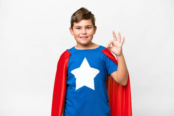 Super Hero Kaukázusi Gyerek Felett Elszigetelt Fehér Háttér Mutatja Rendben — Stock Fotó