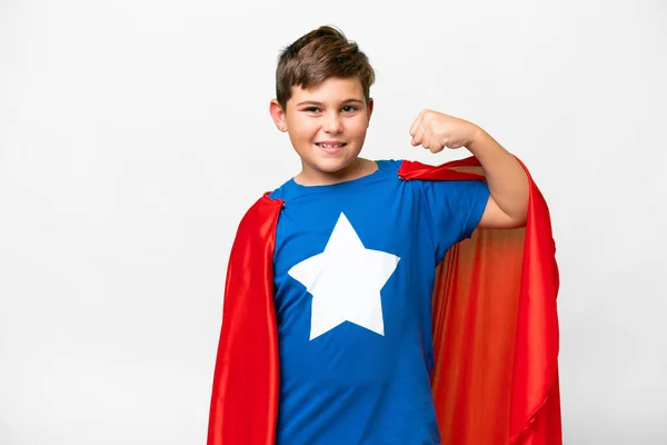 Super Hero Kaukasisch Kind Geïsoleerde Witte Achtergrond Doen Sterke Gebaar — Stockfoto