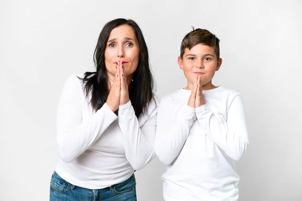 Little Caucasian Kid His Mother Isolated White Background Pleading — Stock Photo, Image