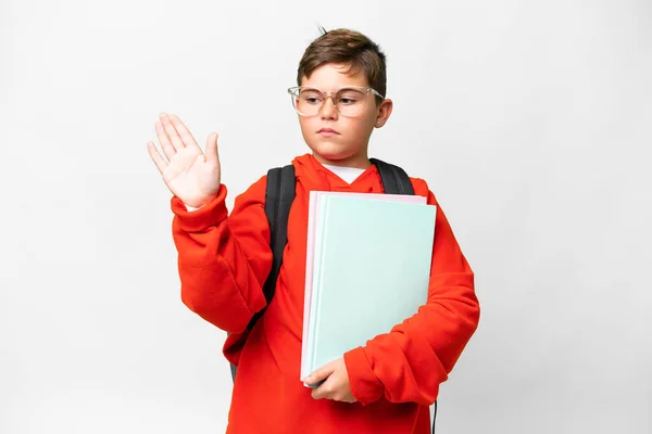 Poco Caucásico Estudiante Niño Sobre Aislado Fondo Haciendo Stop Gesture —  Fotos de Stock