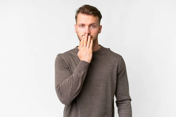 Young Handsome Caucasian Man Isolated White Background Covering Mouth Hand — Stock Photo, Image