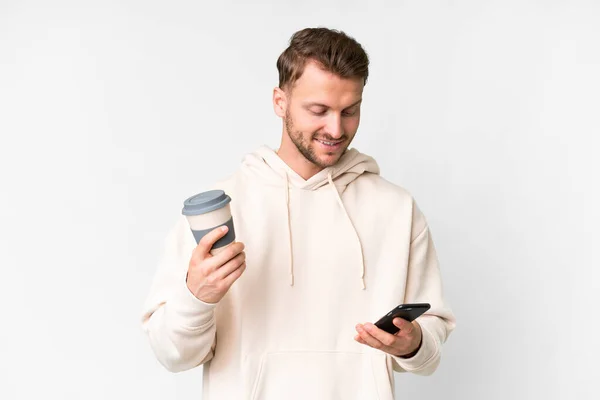 Young Handsome Caucasian Man Isolated White Background Holding Coffee Take —  Fotos de Stock