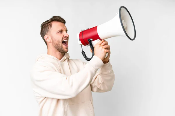 Young Handsome Caucasian Man Isolated White Background Shouting Megaphone — Foto de Stock