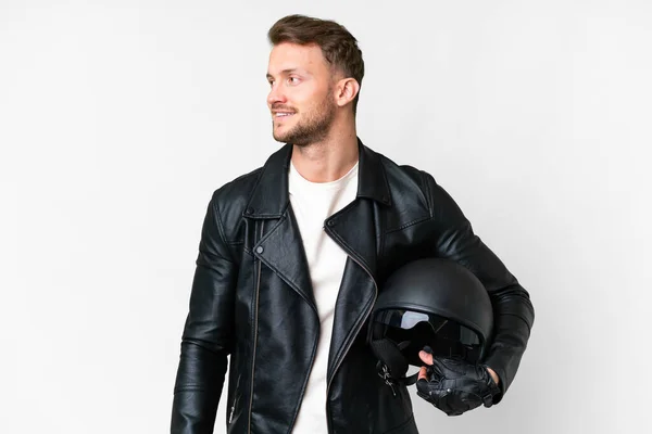 Young Caucasian Man Motorcycle Helmet Isolated White Background Looking Side — Stock Photo, Image