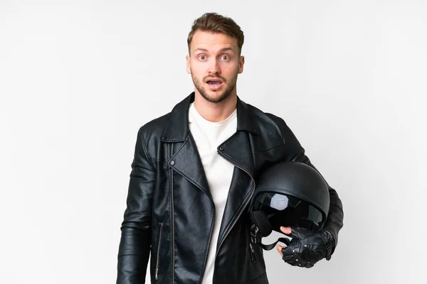Jonge Blanke Man Met Een Motorfiets Helm Geïsoleerde Witte Achtergrond — Stockfoto