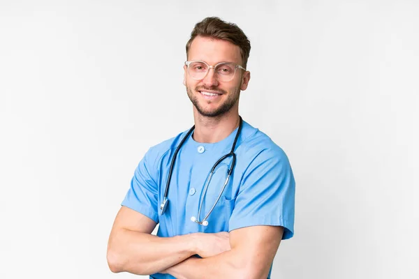 Young Nurse Man Isolated White Background Arms Crossed Looking Forward — Stock Photo, Image