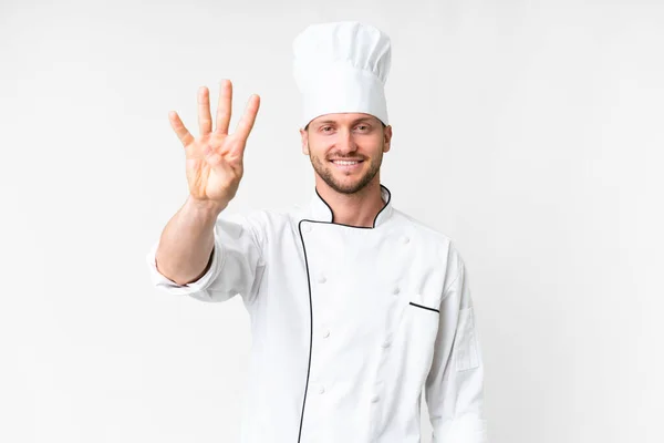 Young Caucasian Chef Isolated White Background Happy Counting Four Fingers — Photo