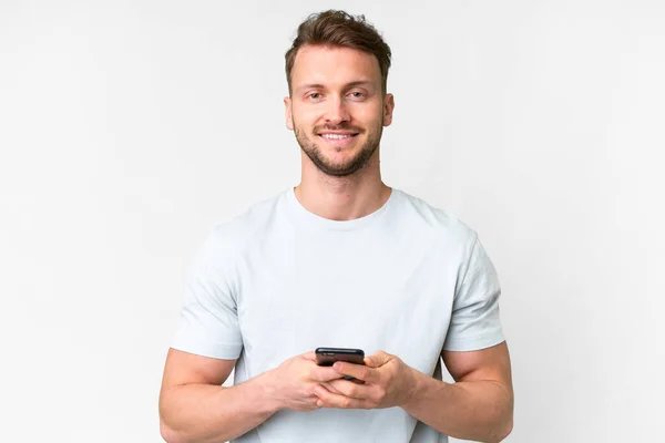 Young Handsome Caucasian Man Isolated White Background Looking Camera Smiling — Stock Photo, Image