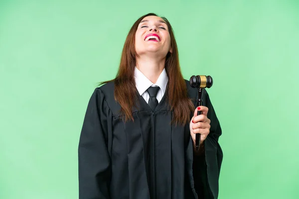 Soudce Běloška Žena Přes Izolované Pozadí Smích — Stock fotografie