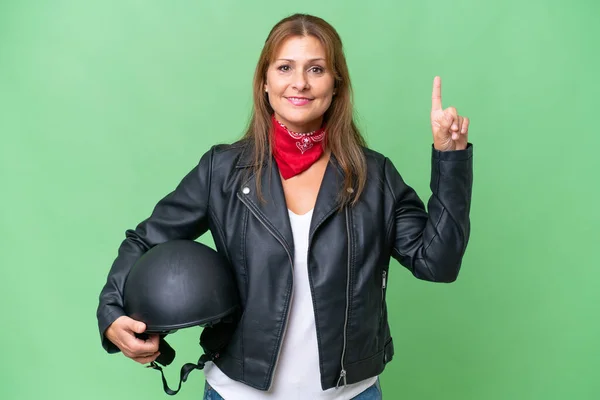 Middle Aged Caucasian Woman Motorcycle Helmet Isolated Background Pointing Great — Photo