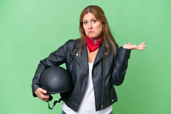 Middle Aged Caucasian Woman Motorcycle Helmet Isolated Background Having Doubts — Photo