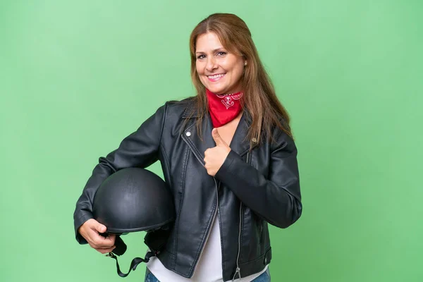 Middle Aged Caucasian Woman Motorcycle Helmet Isolated Background Giving Thumbs — Photo