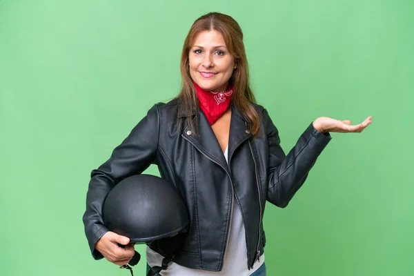 Middle Aged Caucasian Woman Motorcycle Helmet Isolated Background Extending Hands — Photo