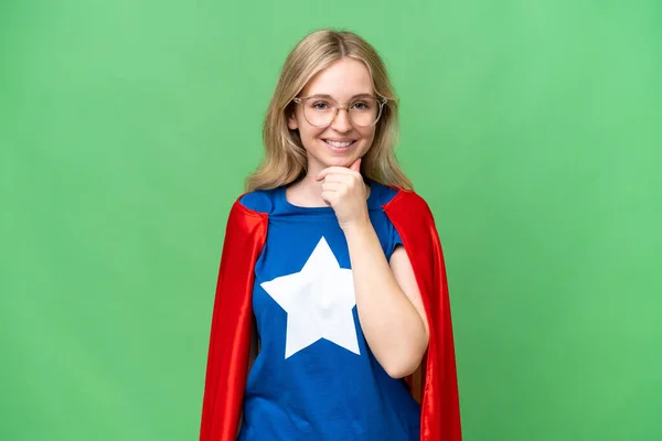Super Hero English woman over isolated background with glasses and smiling