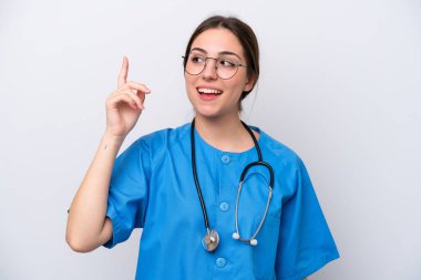 surgeon doctor woman holding tools isolated on white background intending to realizes the solution while lifting a finger up
