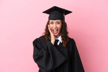 Üniversiteden mezun genç bir kadın pembe arka planda izole edilmiş, şaşırmış ve şok olmuş bir yüz ifadesi var.