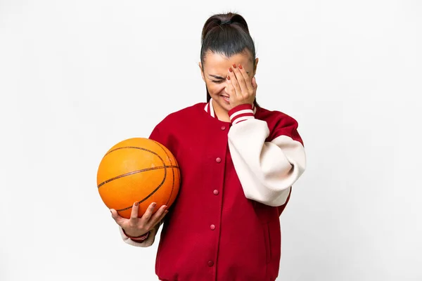 Young Woman Playing Basketball Isolated White Background Tired Sick Expression — Photo