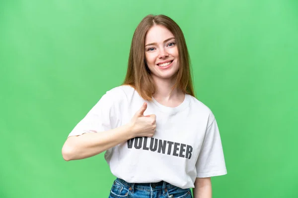 Joven Voluntaria Mujer Sobre Aislado Croma Clave Fondo Dando Gesto — Foto de Stock