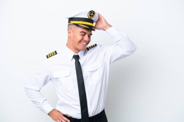 Airplane pilot caucasian man isolated on white background has realized something and intending the solution