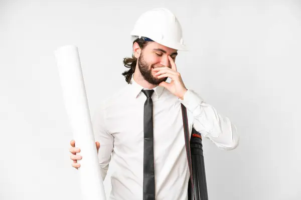 Young Architect Man Helmet Holding Blueprints Isolated White Background Laughing — Foto Stock