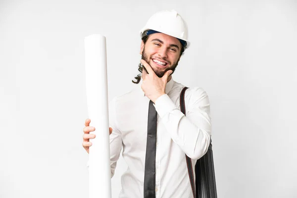 Young Architect Man Helmet Holding Blueprints Isolated White Background Happy — Foto Stock