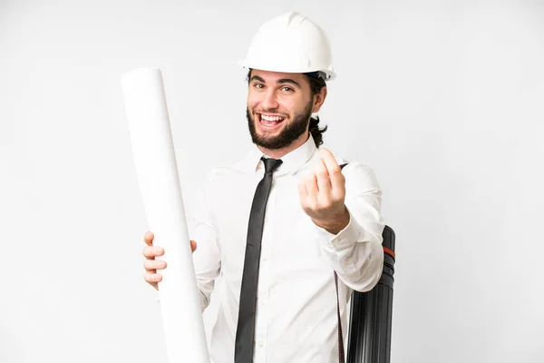 Young Architect Man Helmet Holding Blueprints Isolated White Background Making — Foto Stock