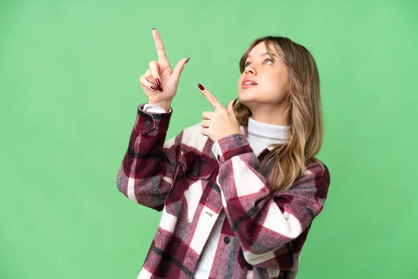 Young Girl Isolated Chroma Key Background Pointing Index Finger Great — Stock Photo, Image