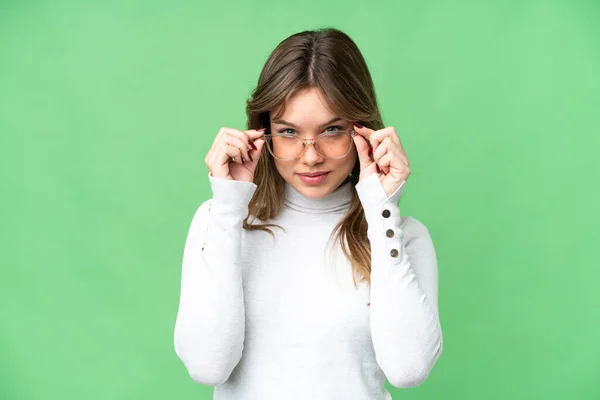 Menina Sobre Isolado Croma Chave Fundo Com Óculos Com Expressão — Fotografia de Stock