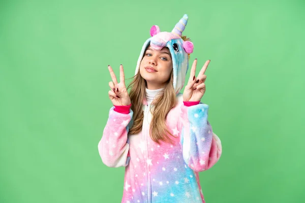 Young Girl Unicorn Pajamas Isolated Chroma Key Background Showing Victory — Stock Photo, Image