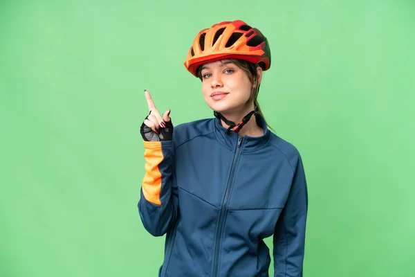 Fiatal Kerékpáros Lány Felett Elszigetelt Chroma Kulcstartó Háttér Mutatja Emelje — Stock Fotó