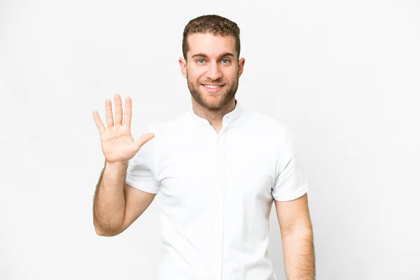 Young Handsome Blonde Man Isolated White Background Counting Five Fingers — Stockfoto
