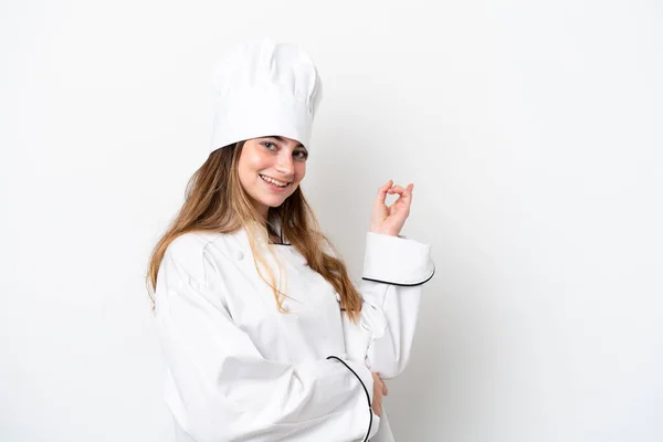 Young Caucasian Chef Woman Isolated White Background Pointing Finger Side — Stock fotografie