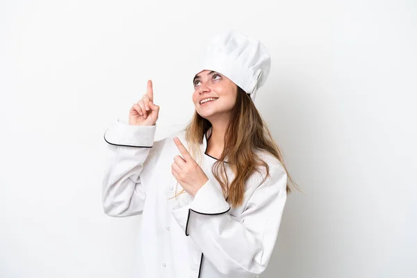 Young Caucasian Chef Woman Isolated White Background Pointing Index Finger — Stock fotografie